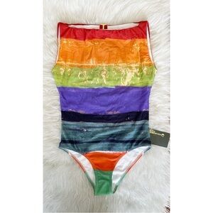 NEW Agua De Coco rainbow striped one piece swim suit bathing suit bright color